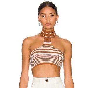 Striped Halter Crop Top with High Neck - Brown & Cream
